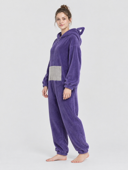 Purple Plush Hooded Jumpsuit Pajama with Zipper