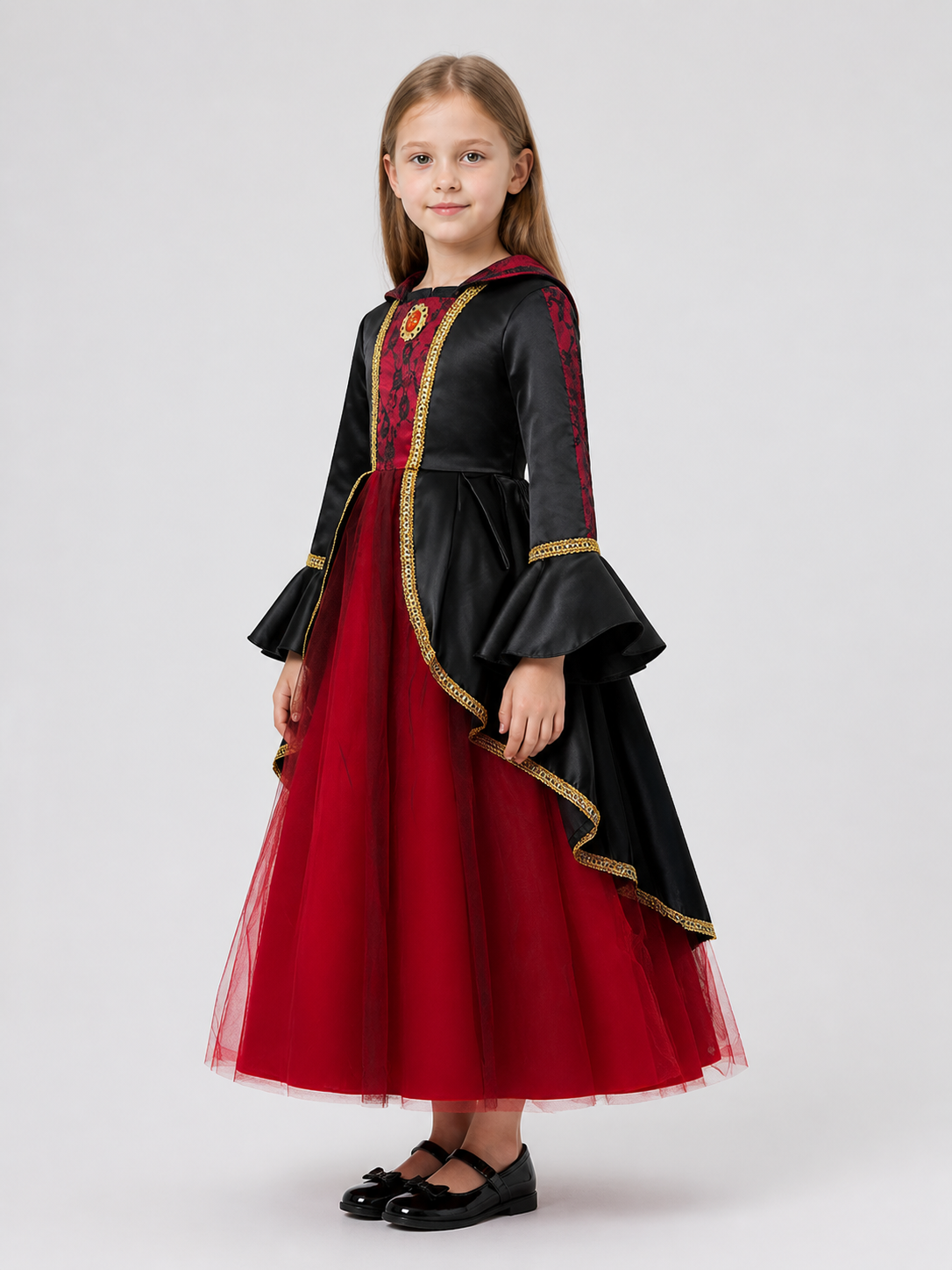 Black and Red Halloween Dress for Girls with Hood side view