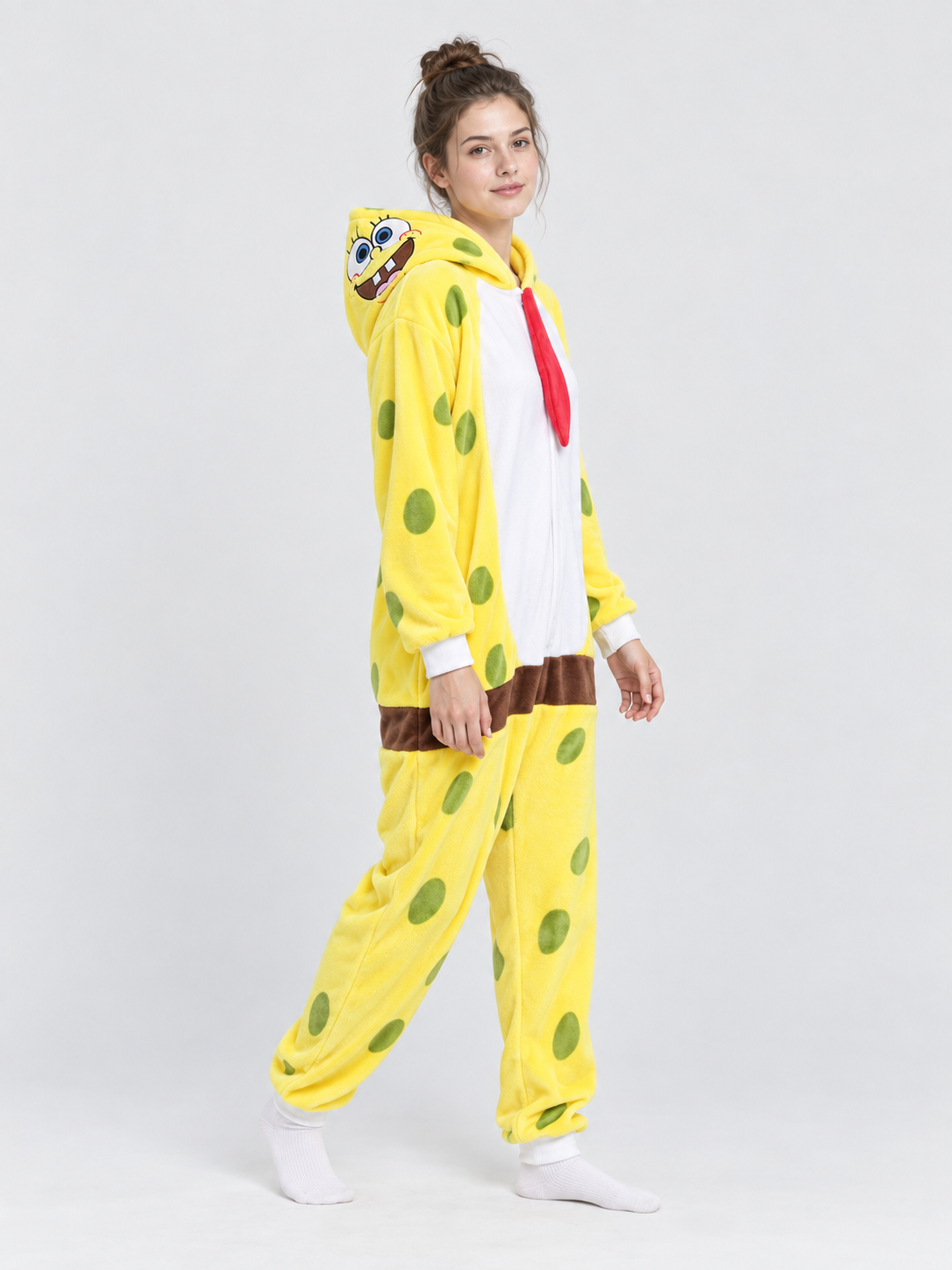 Yellow one-piece kigurumi pajama with cartoon-face hood
