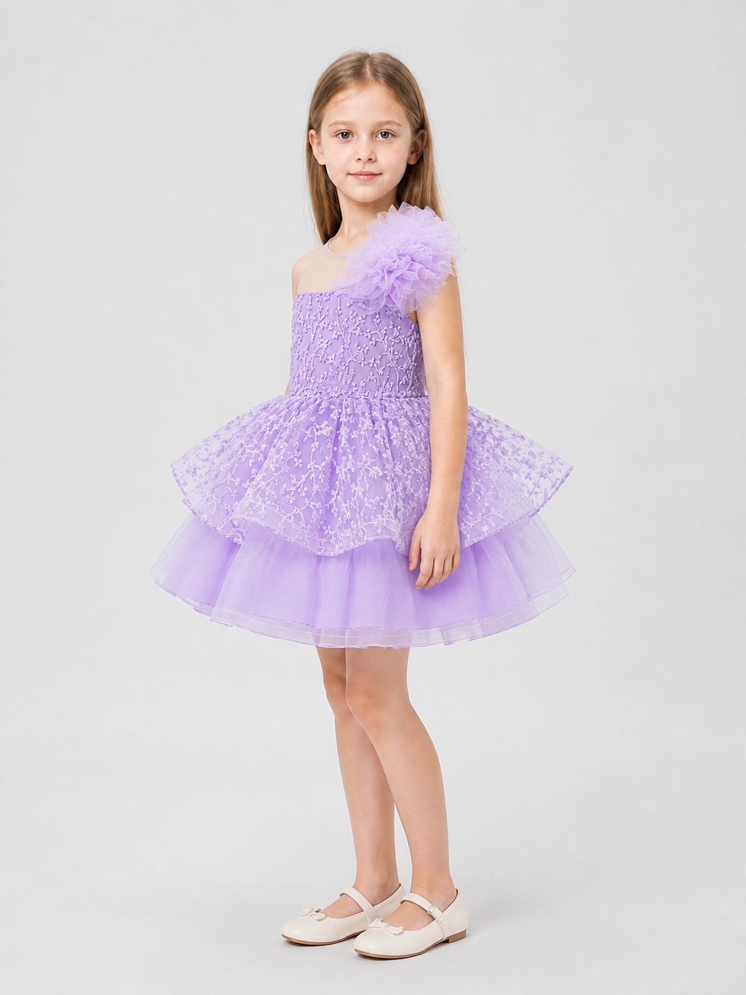Full Dress with Floral Embroidery, Tulle, and Train side view