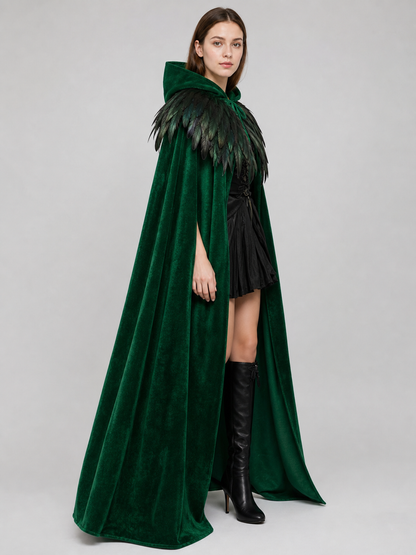 Green Hooded Velvet Feather Cape