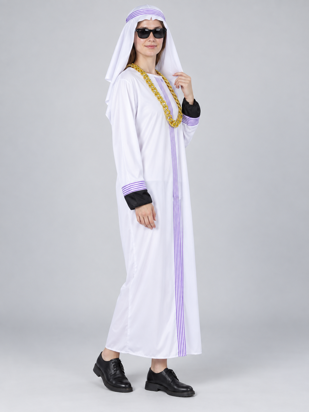 White carnival costume with purple stripes and chain