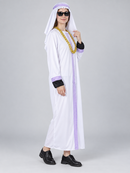 White carnival costume with purple stripes and chain