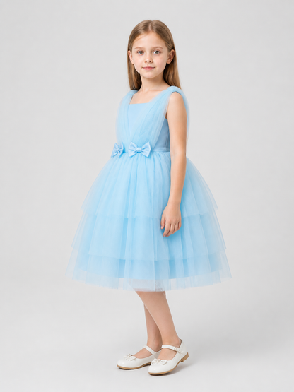 Girls' Princess Dress with Full Skirt, Bows, Light Blue side view