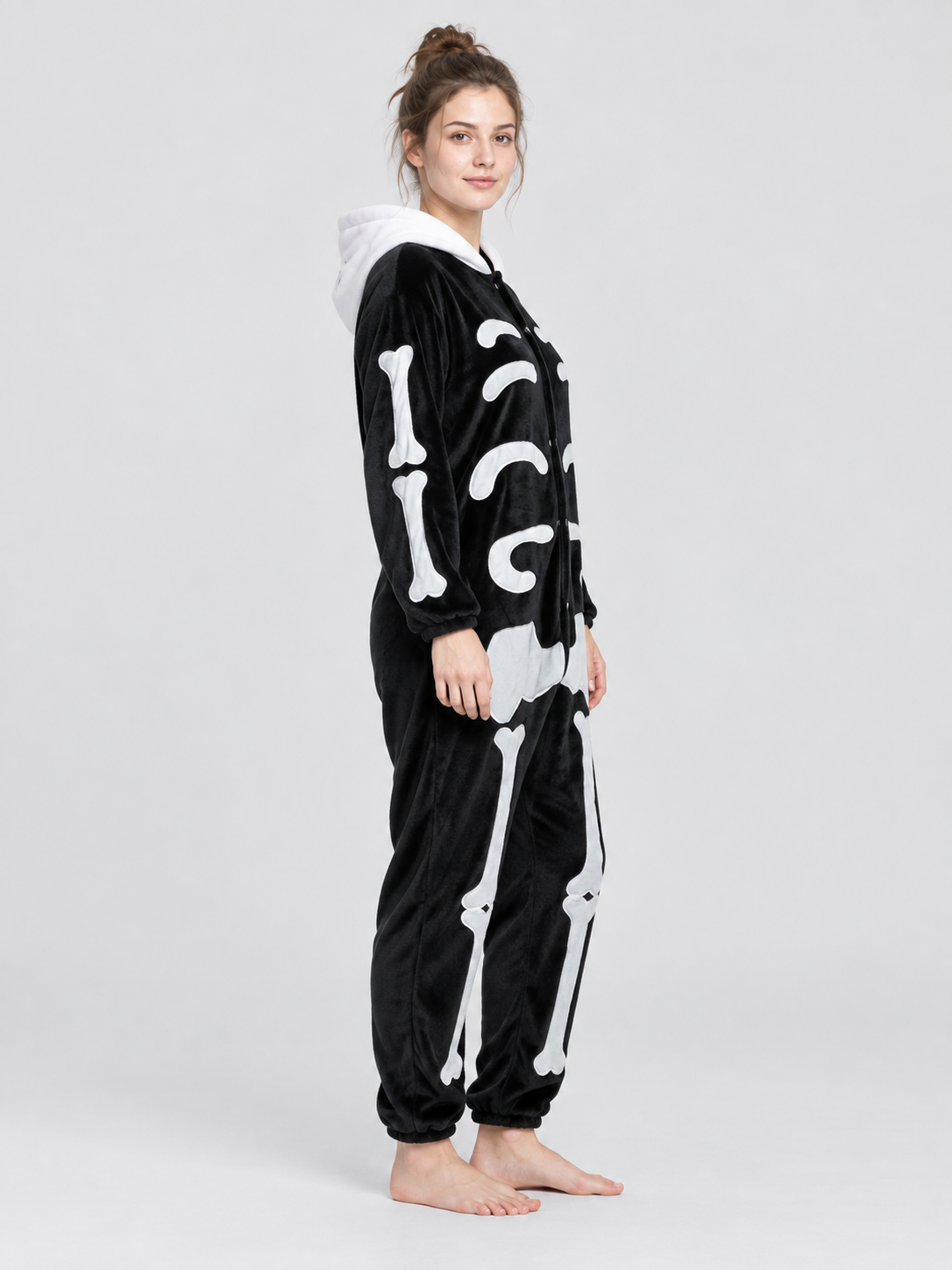 Pajama Jumpsuit with White Hood and Bone Print