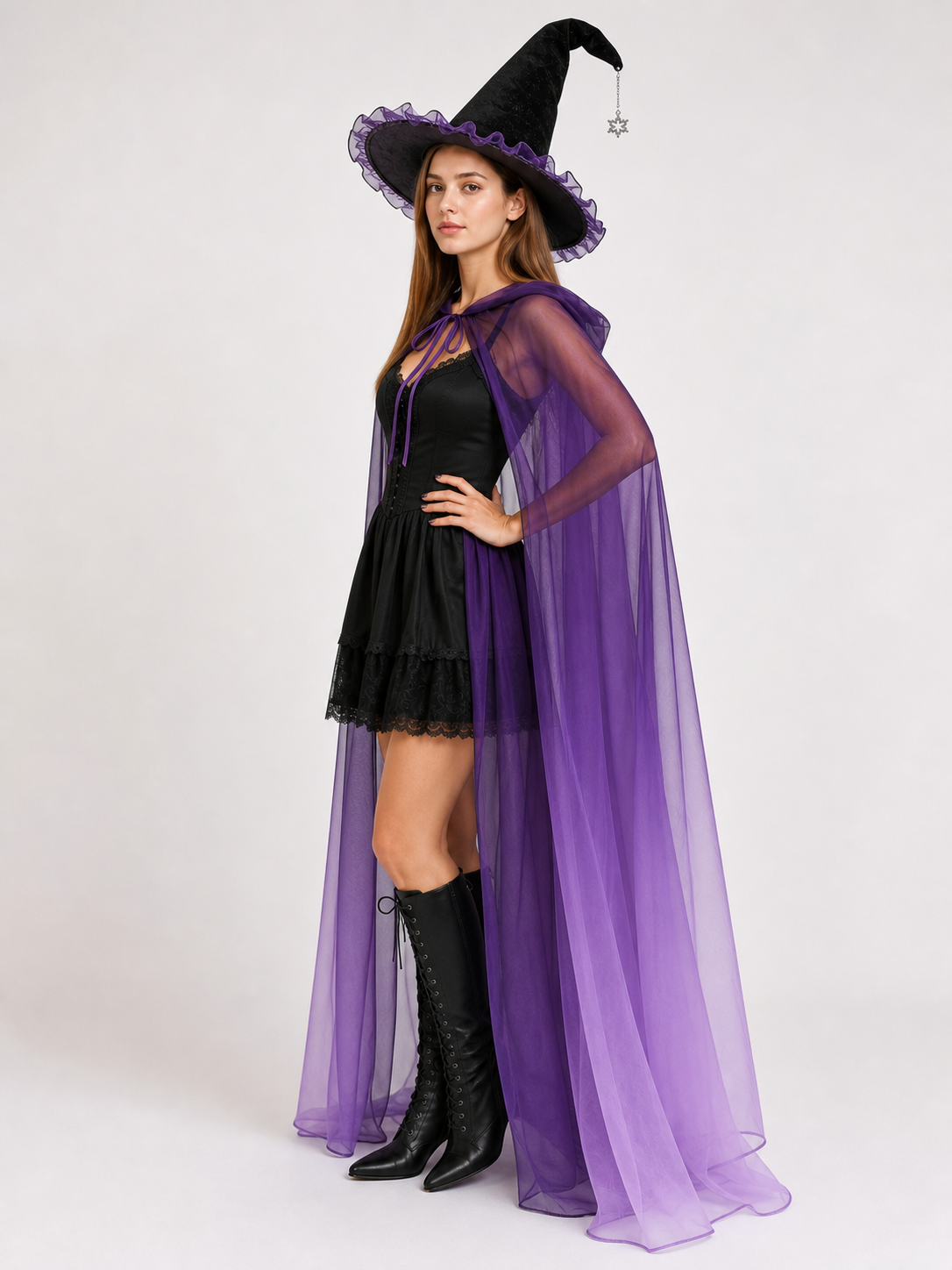 Witch Costume with Hat and Purple Cape