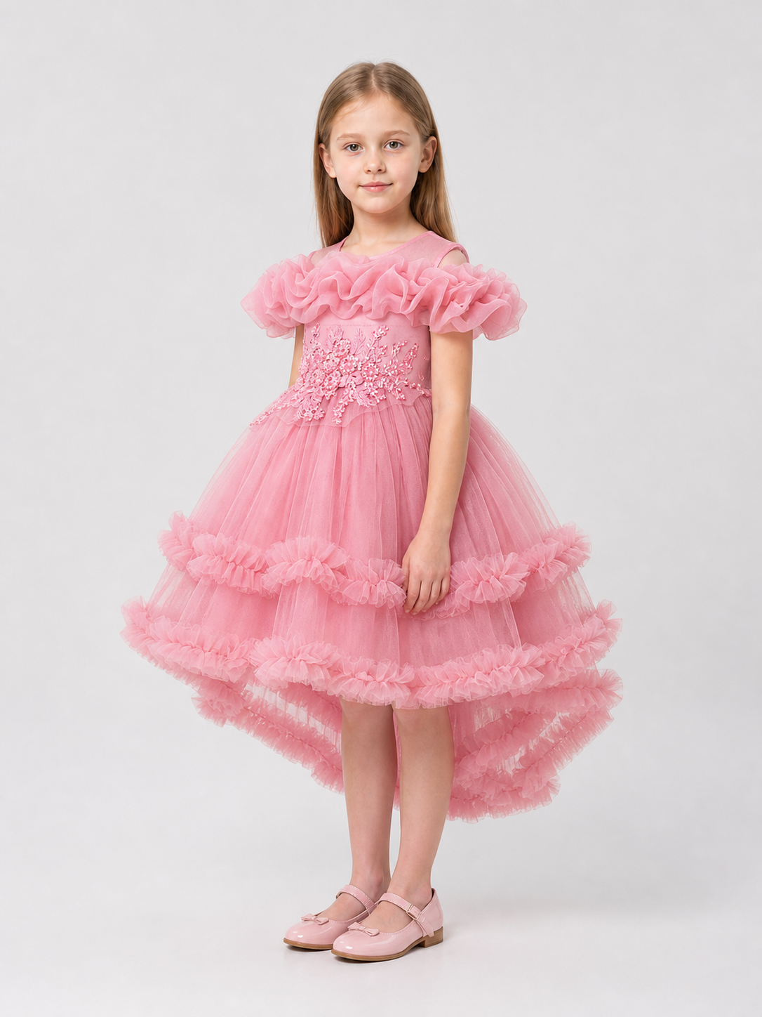 Children's Pink Dress with a Full Skirt and Ruffles side view