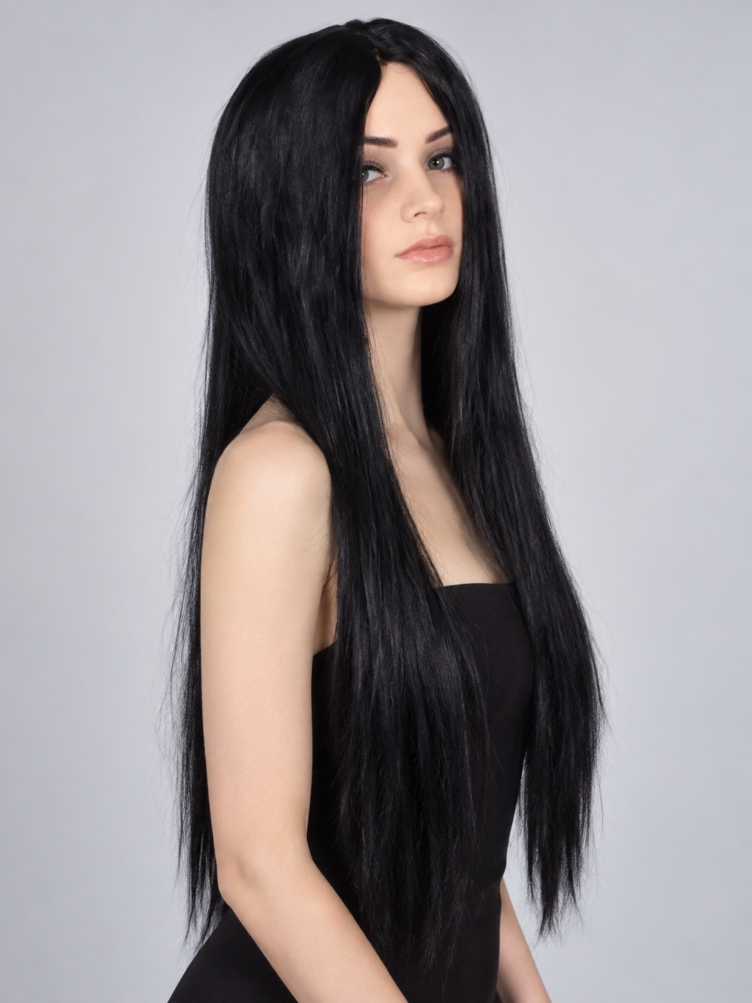 Long straight black wig with a middle part