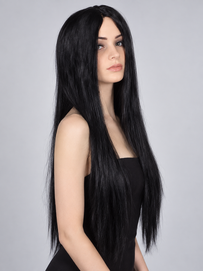 Long straight black wig with a middle part