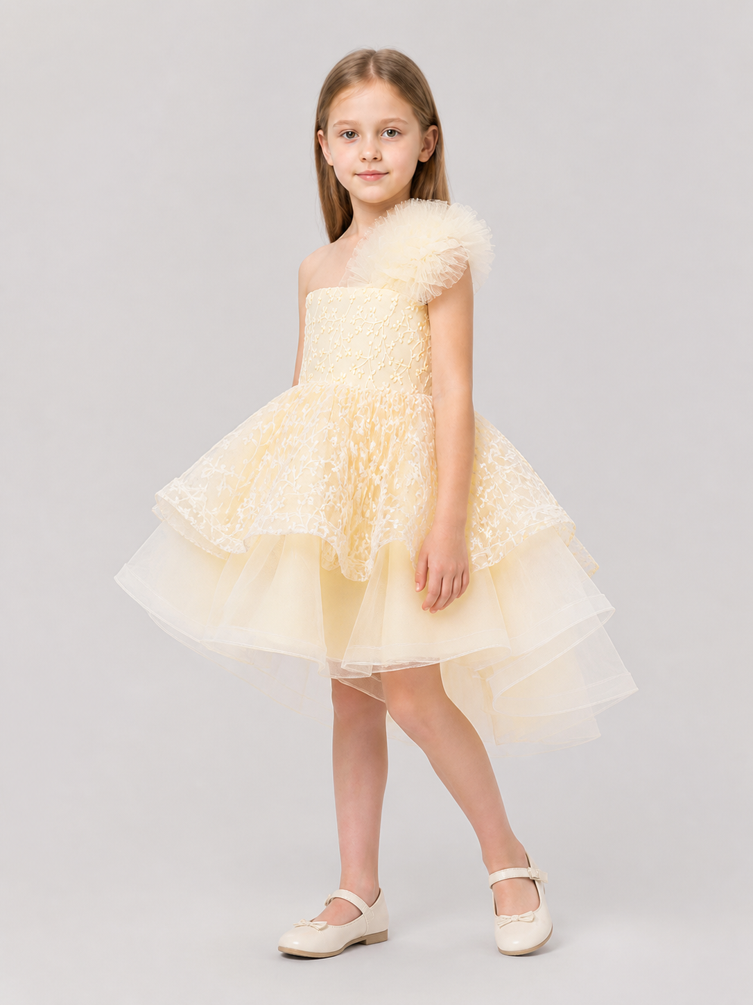 Girls' Formal Dress with Lace Embroidery and Train side view