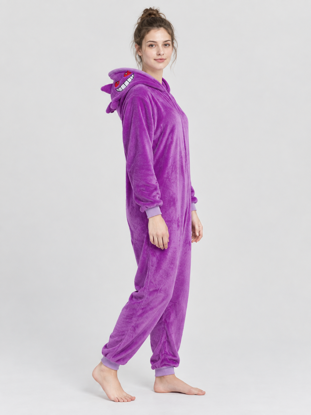 Purple Hooded Jumpsuit Pajamas with Cartoon Face