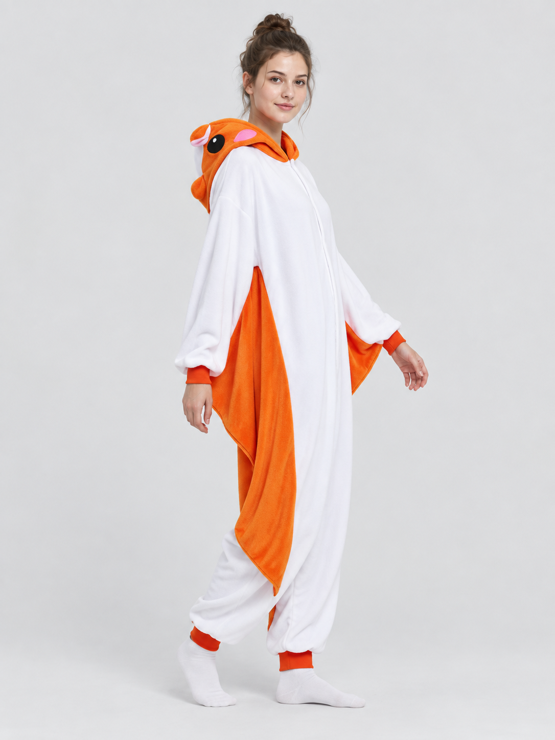 Hooded Pajama Jumpsuit with Animal Face, White and Orange
