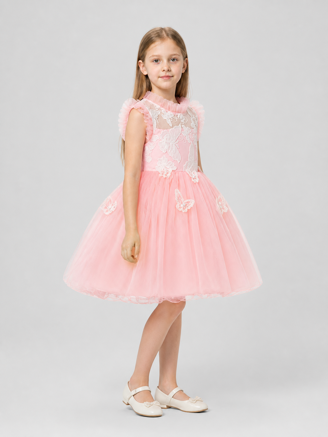 Festive Girls' Dress with a Full Skirt and Butterflies side view