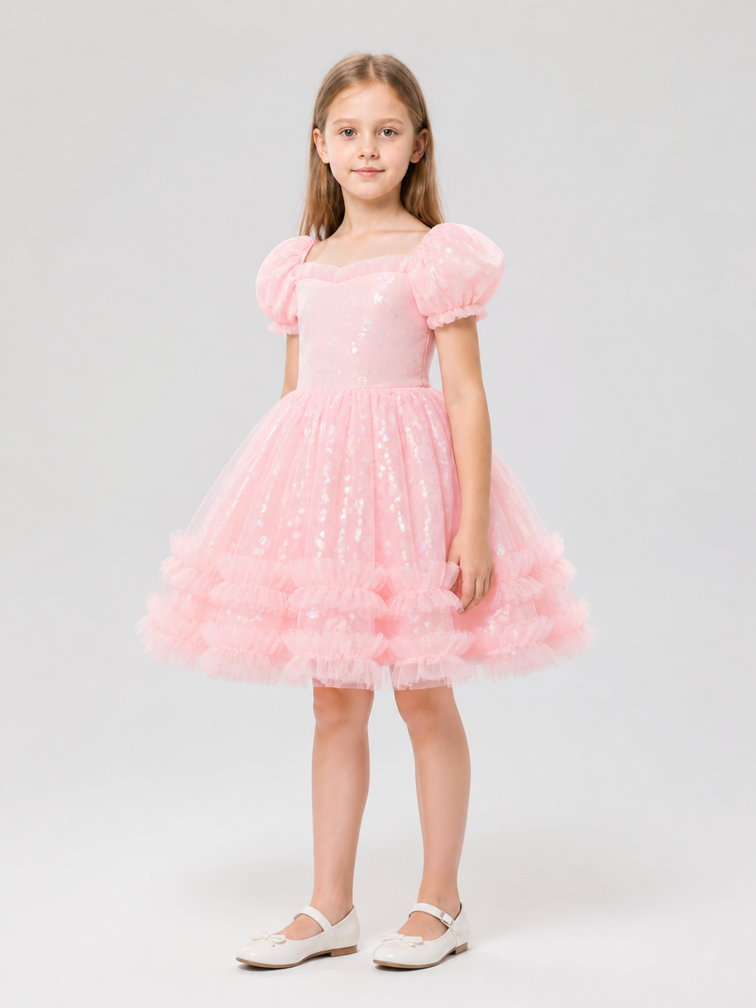 Pink Girls’ Princess Dress with Puff Sleeves