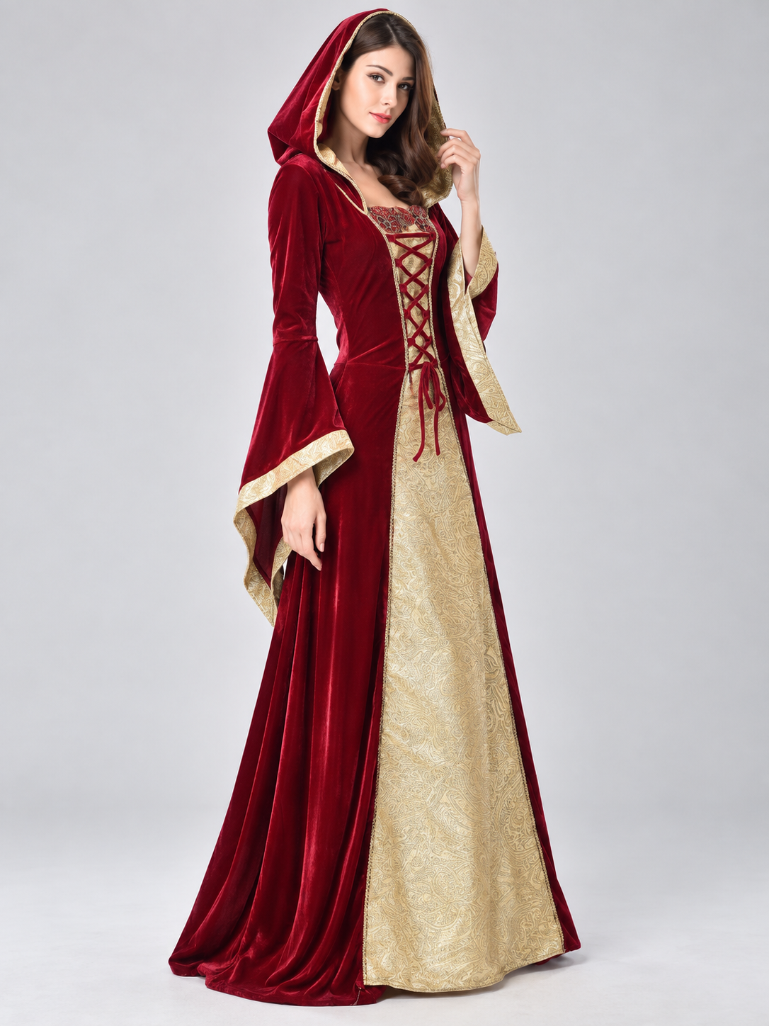 Medieval-Style Dress with Hood and Lacing
