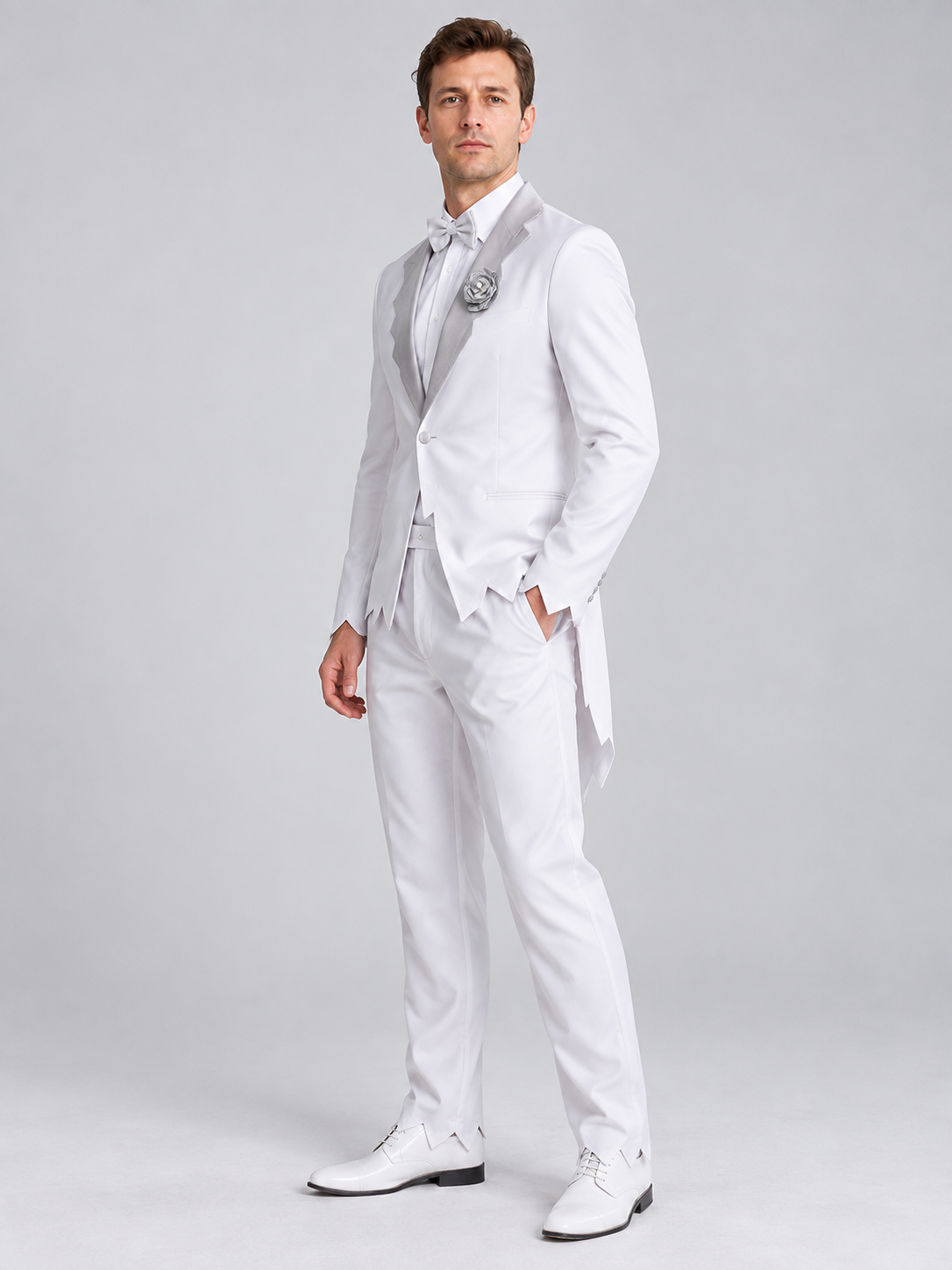White adult carnival costume with jacket and bow tie