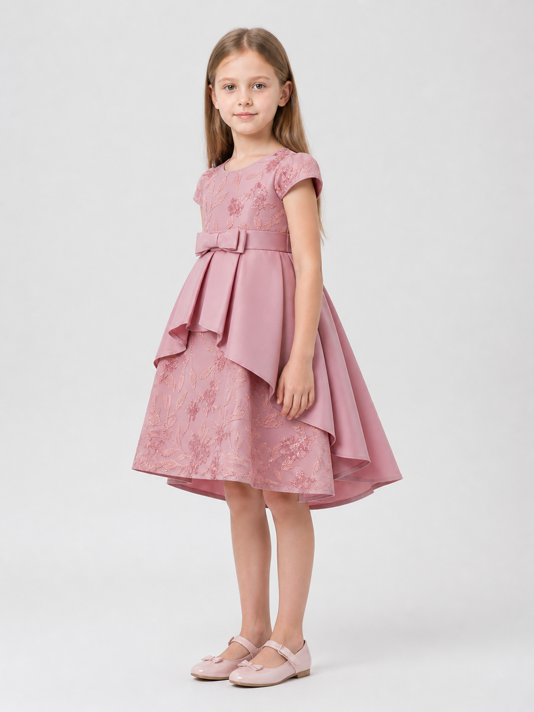 Girls' dressy dress with sequins and a satin bow side view