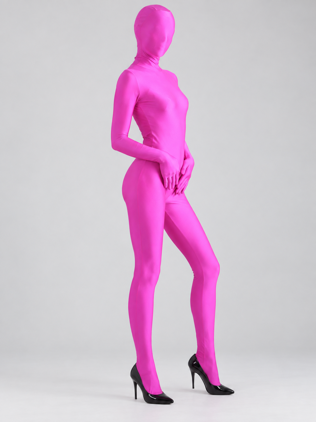 Pink form-fitting bodysuit with hood