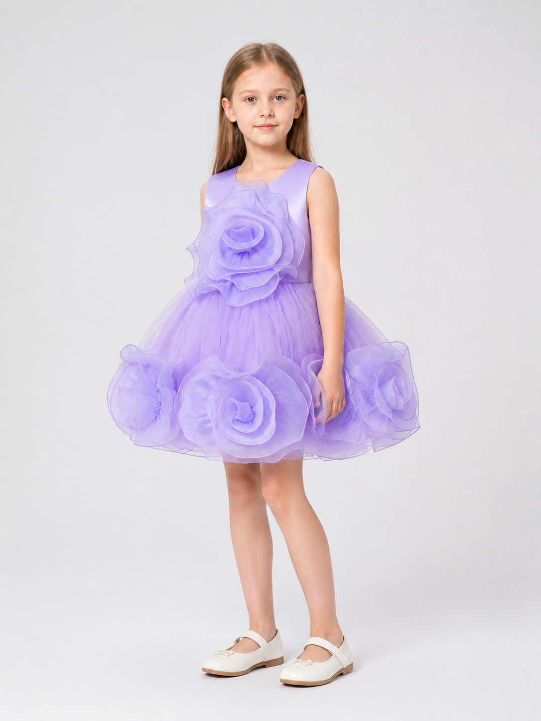 Children's Puffy Tulle Dress with 3D Flowers side view