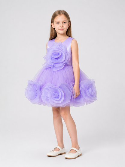Children's Puffy Tulle Dress with 3D Flowers side view
