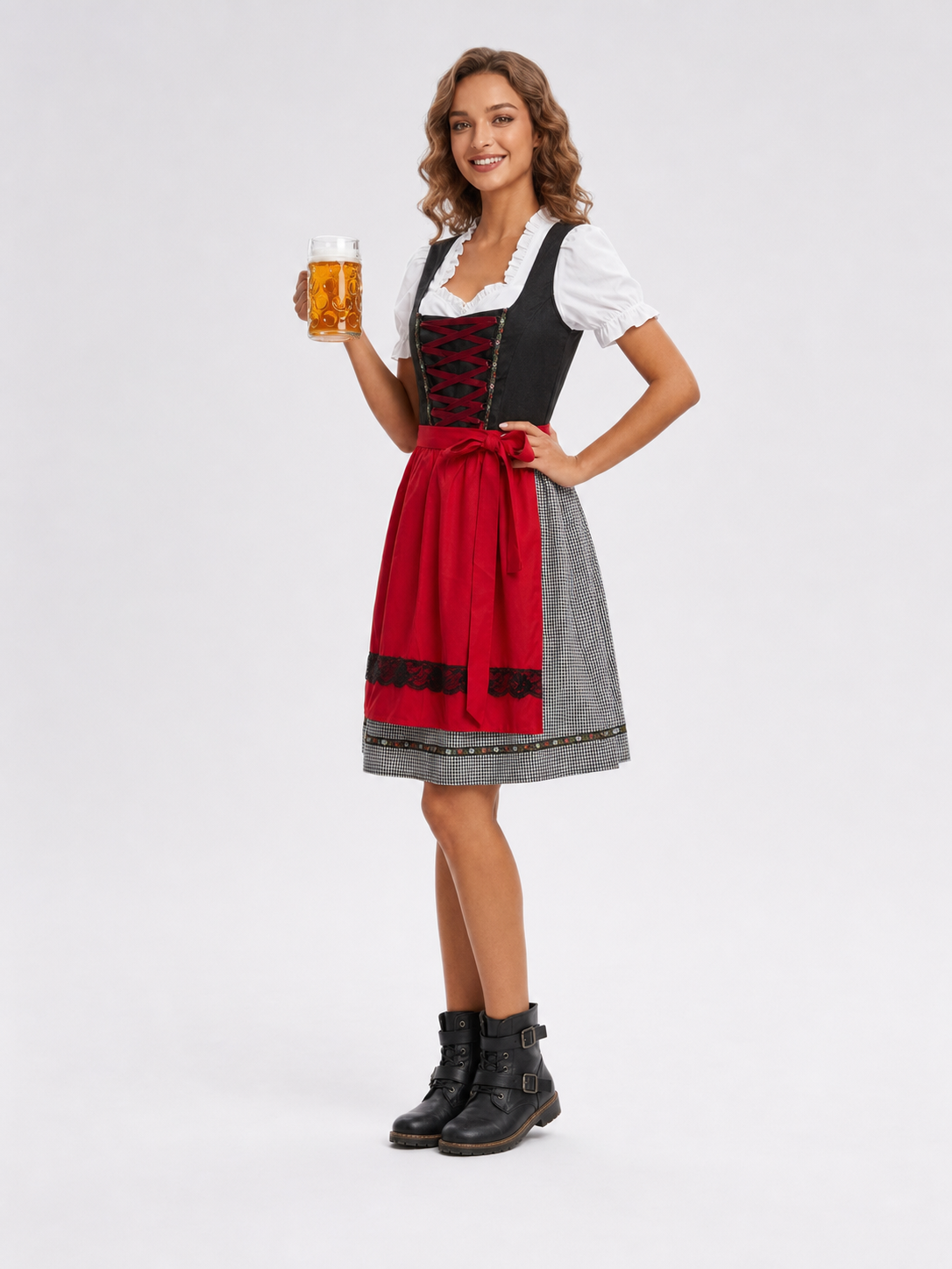 Bavarian Dress with Bodice and Plaid Trim