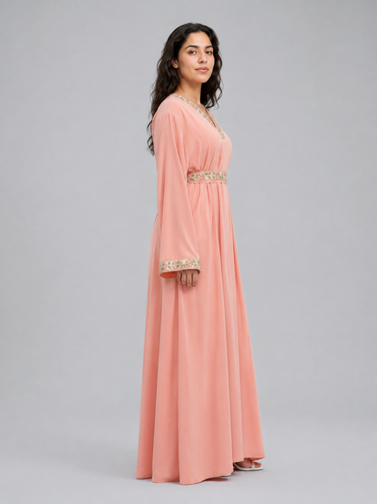 Pink Maxi Dress with Embroidered Trim and Belt side view