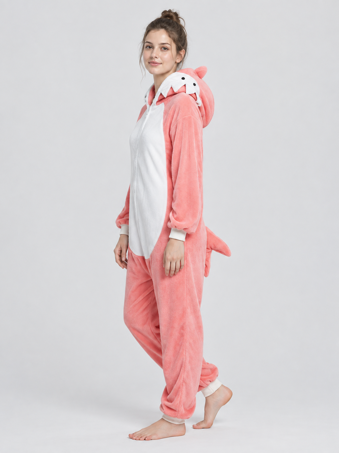 Pink Fleece Hooded Pajama Jumpsuit with Tail
