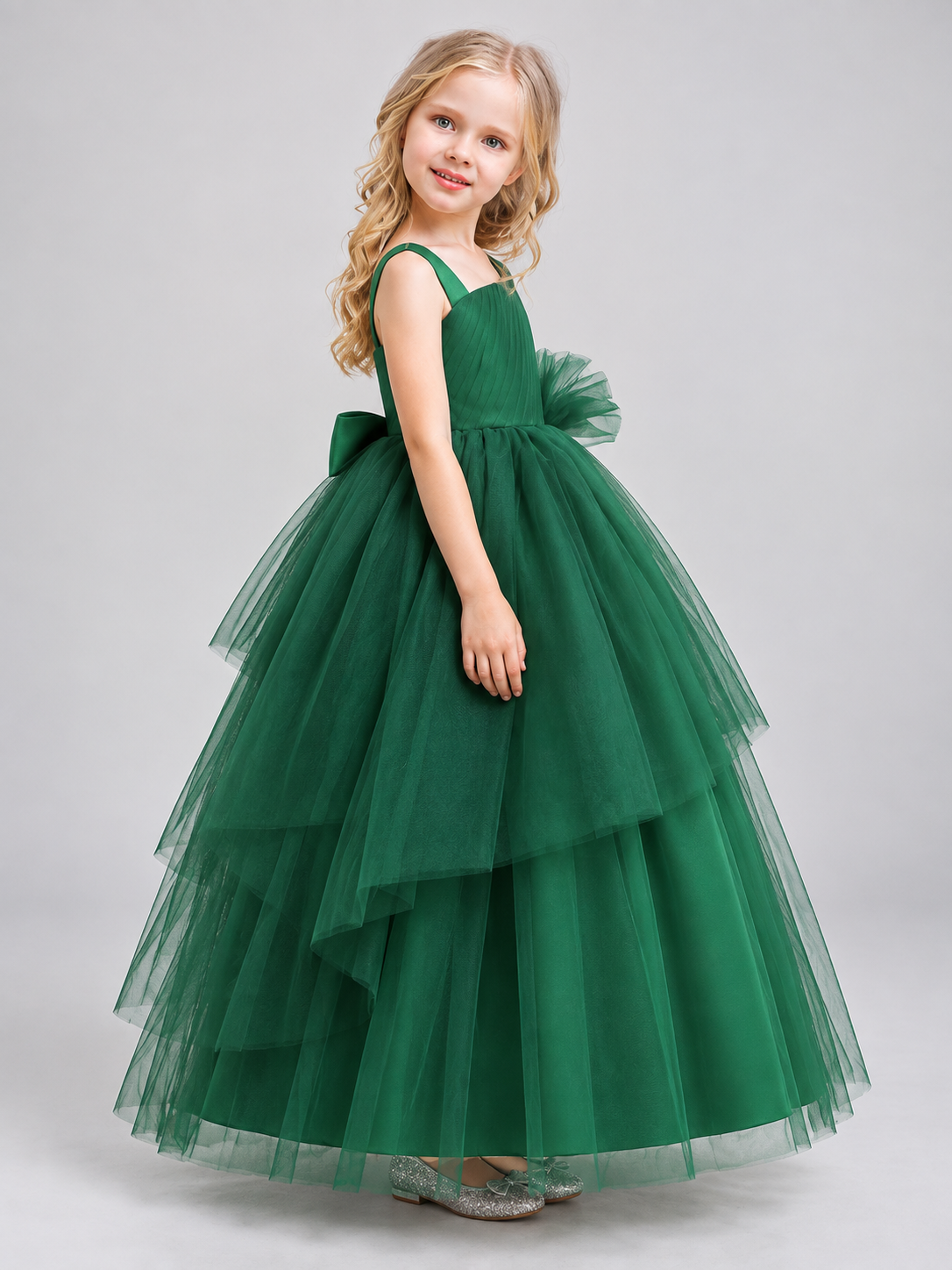 Girls' Princess Holiday Dress Dark Green with Bow