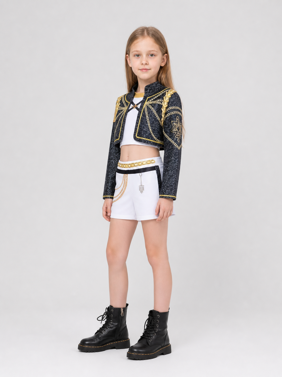 Children's Demon Hunter Costume, Black and Gold with Chains side view