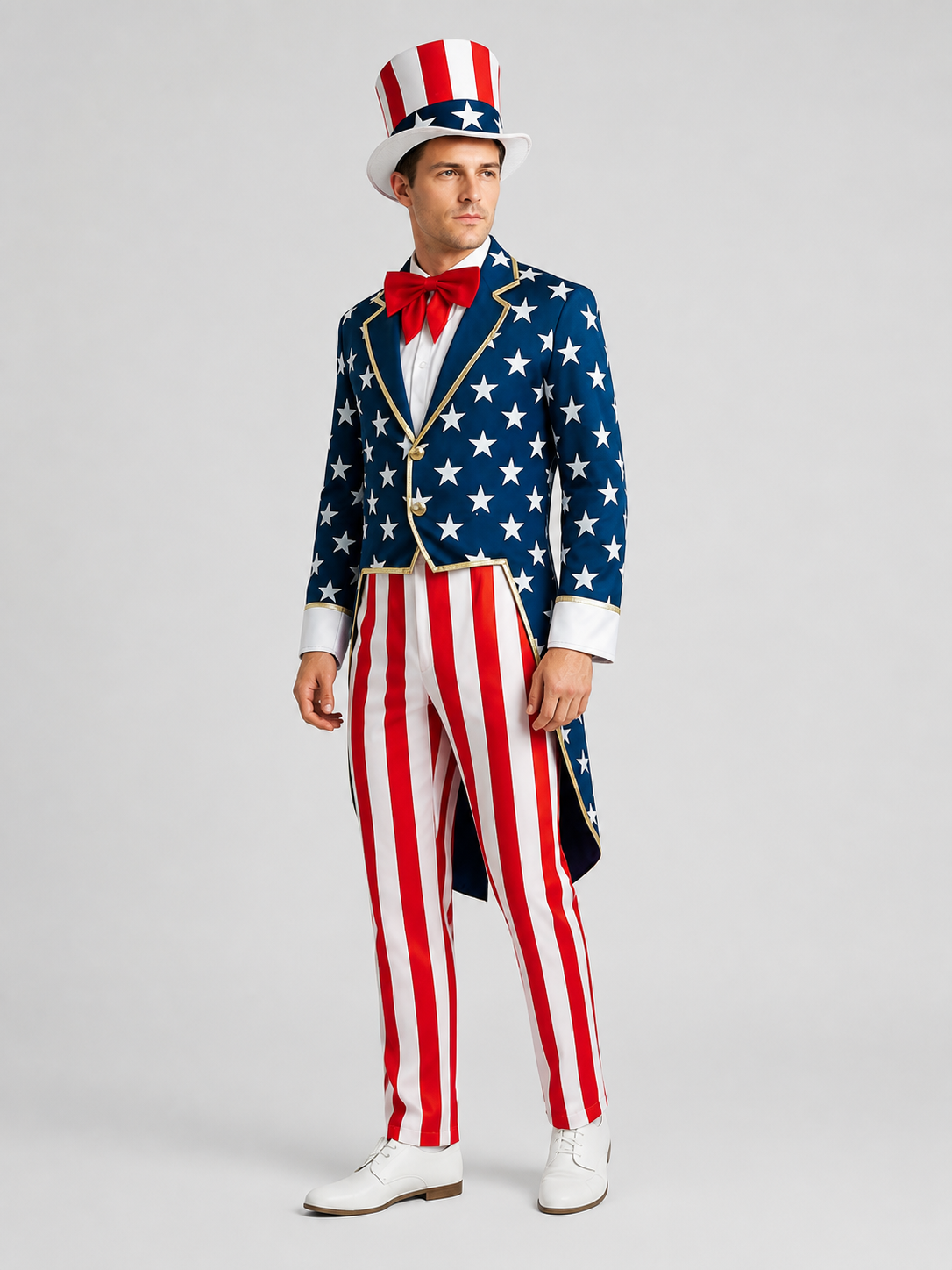 Uncle Sam Costume with Tailcoat, Top Hat, and U.S. Flag side view