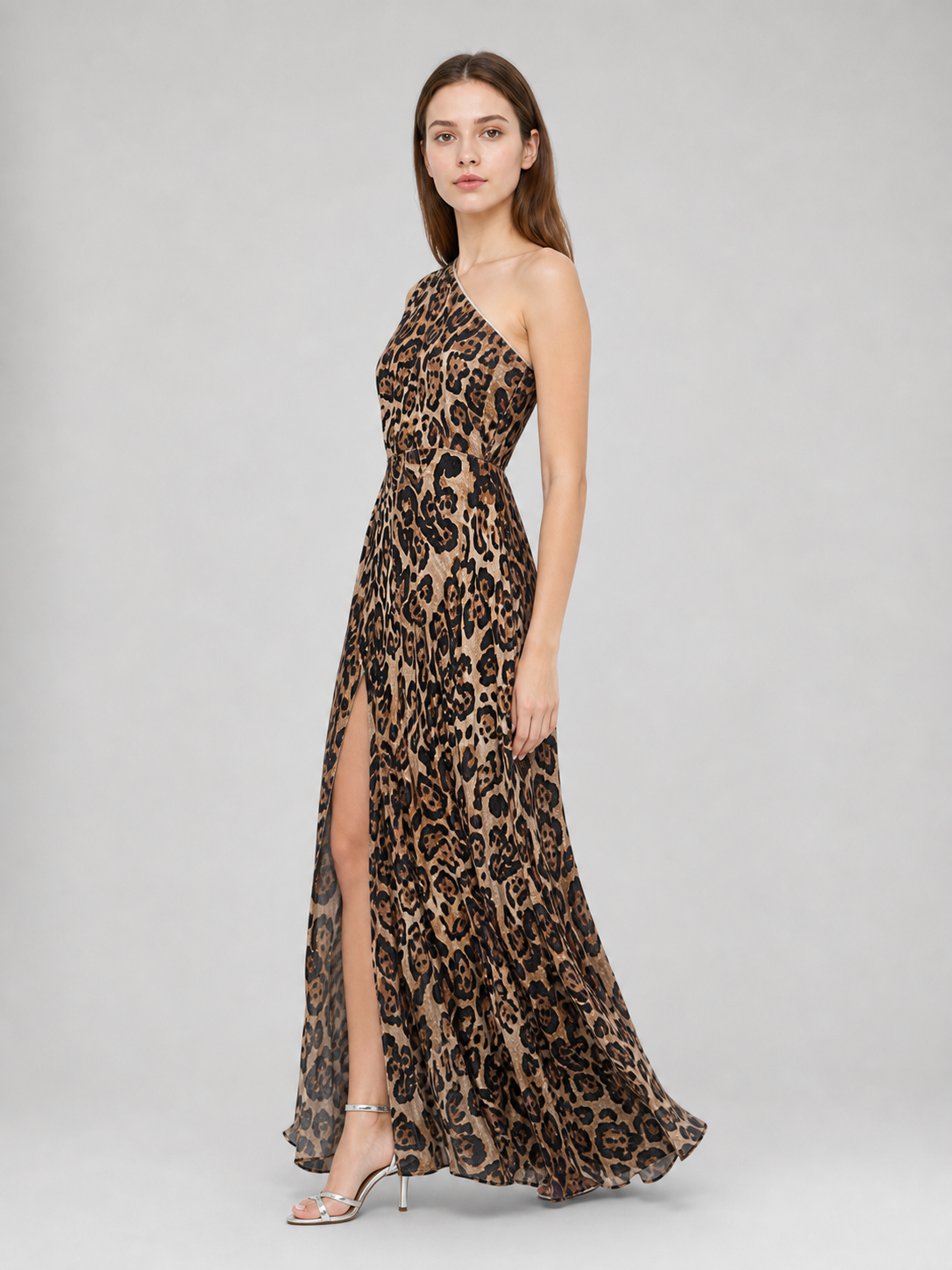 One-Shoulder Leopard Print Maxi Dress