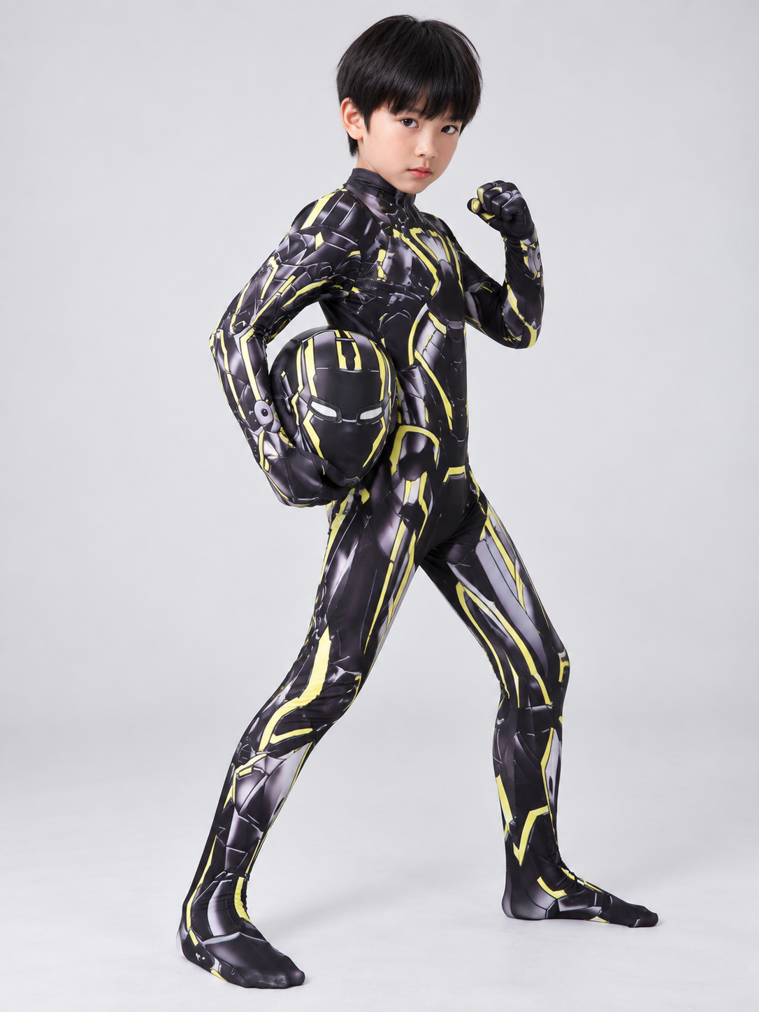 Kids' Black Superhero Costume with Mask and Yellow Lines