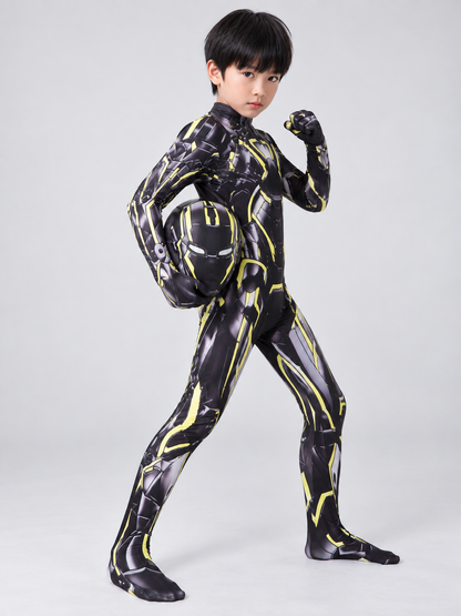 Kids' Black Superhero Costume with Mask and Yellow Lines