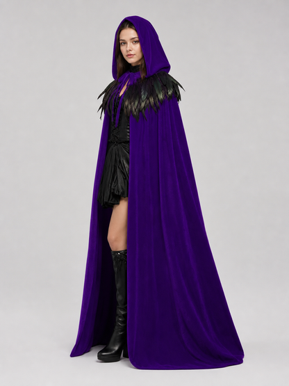 Purple hooded feather-trimmed velvet cape product view 25