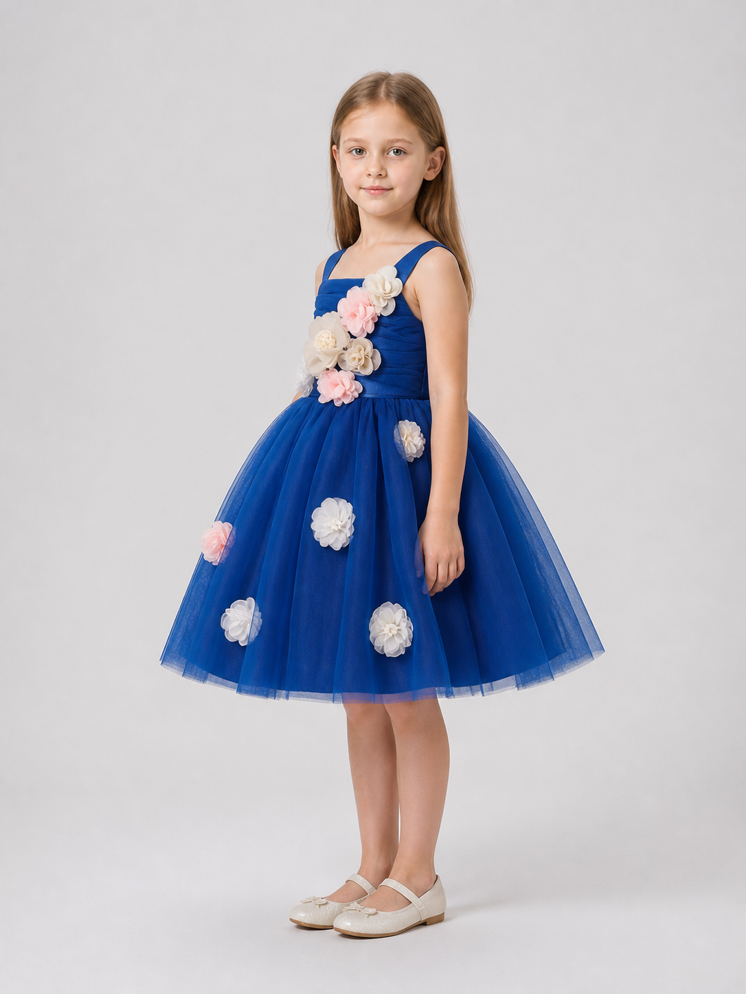 Girls' Formal Dress with a Full Skirt and Flowers side view