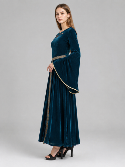 Floor-Length Velour Dress with Belt and Puff Sleeves side view