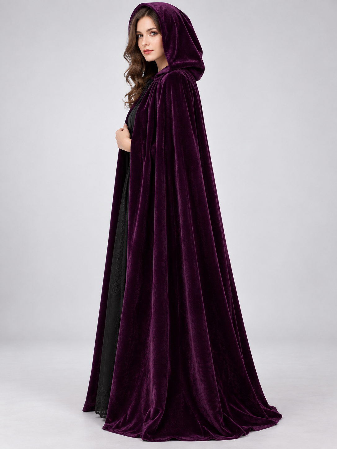 Dark Purple Velvet Hooded Cape