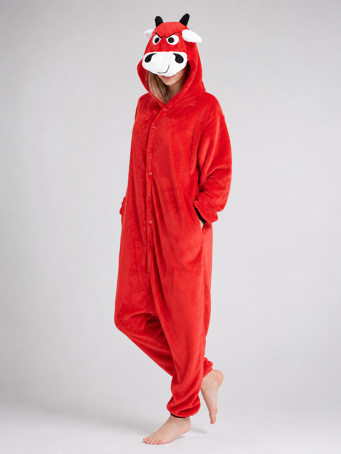 Red Plush Bull Kigurumi with Hood and Button Closure