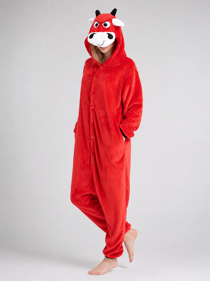 Red Plush Bull Kigurumi with Hood and Button Closure