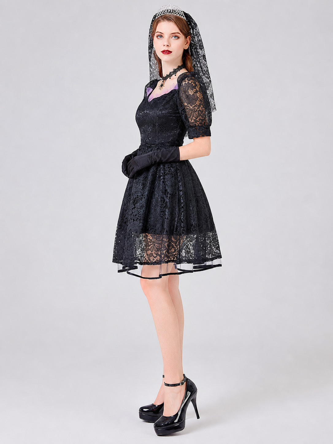 Gothic Lace Dress with Purple Detailing