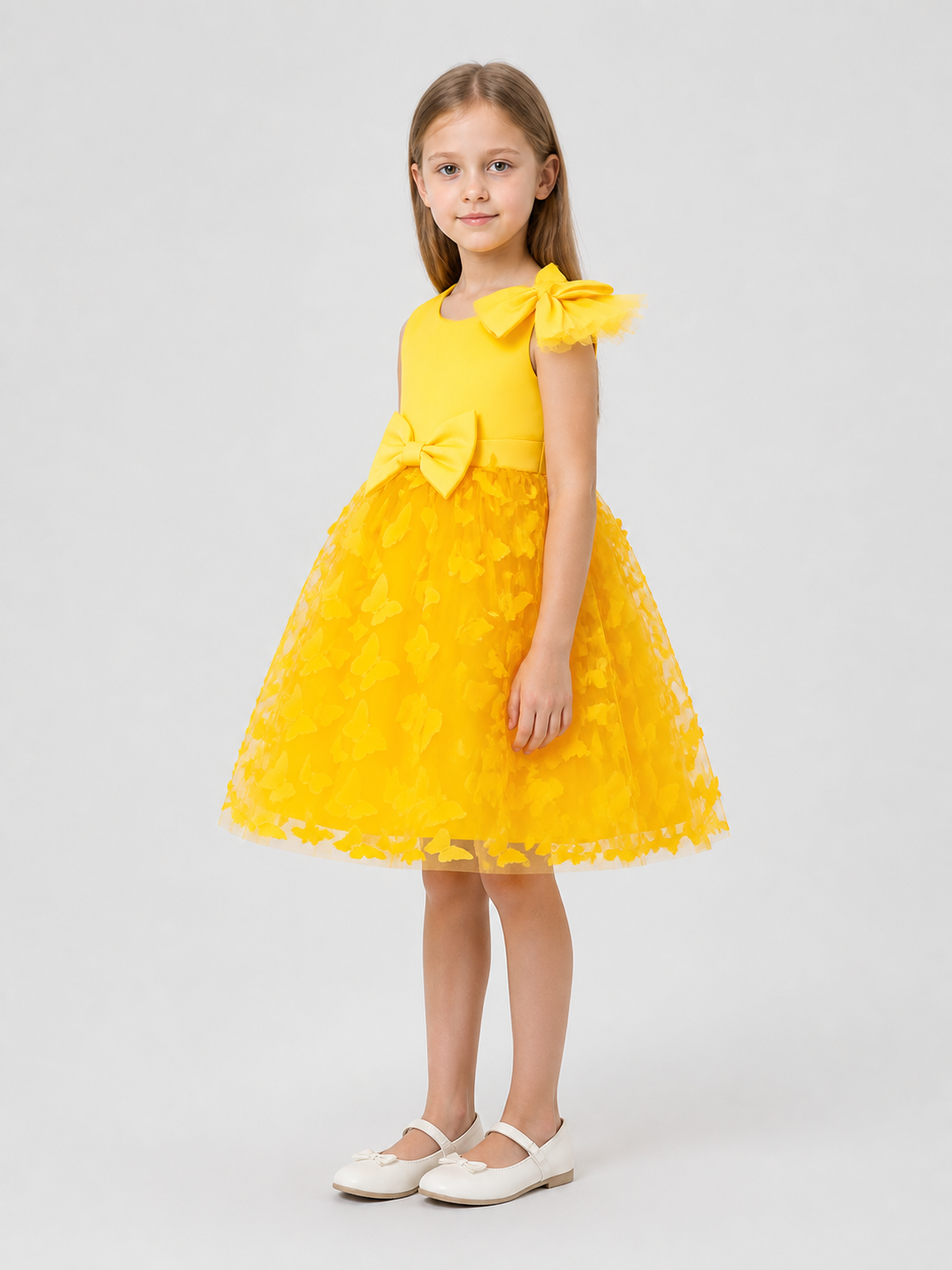 Yellow Tulle Tutu Dress for Girls with Bows side view