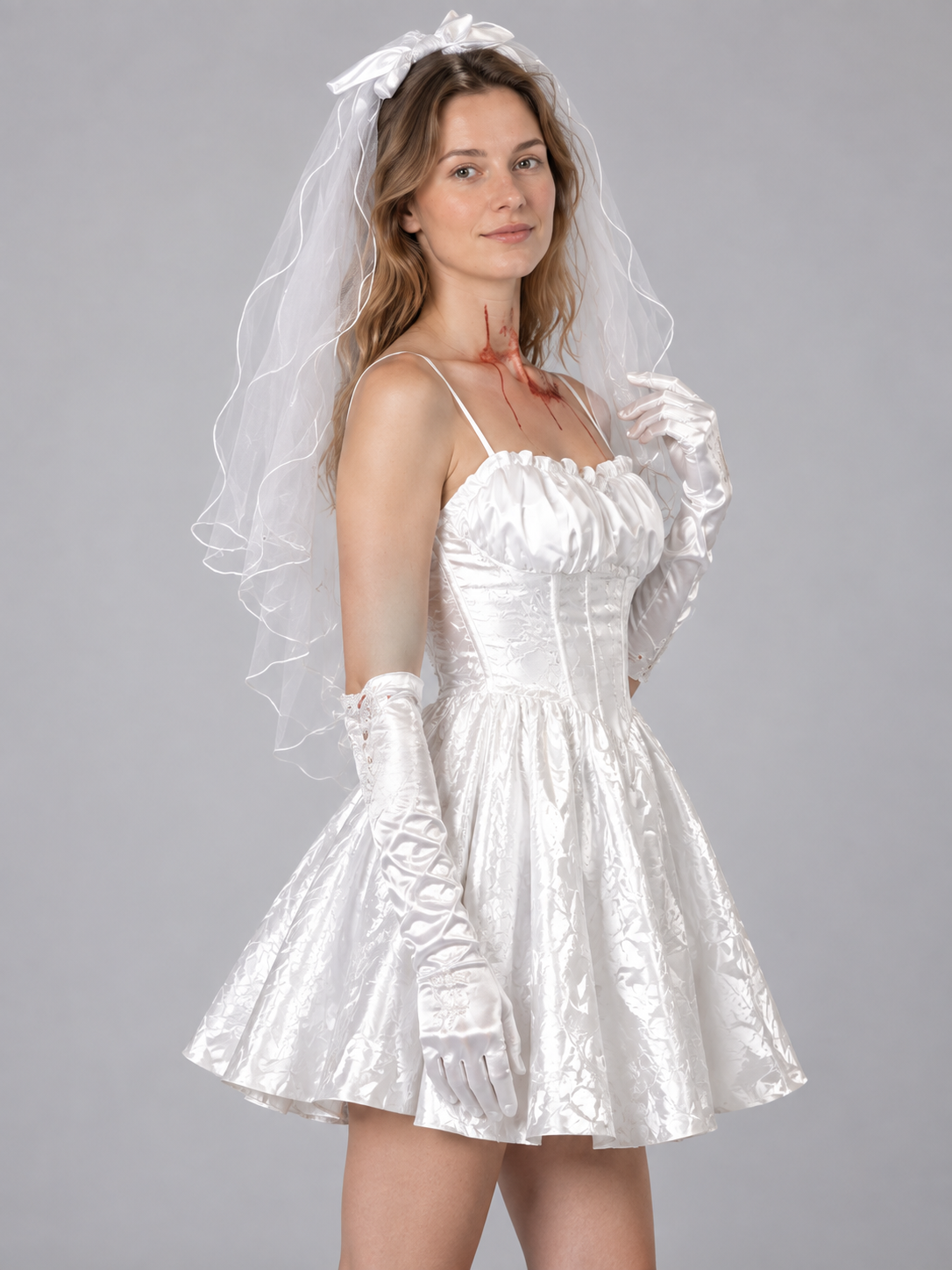 White Halloween Vampire Costume: Veil, Gloves, Blood