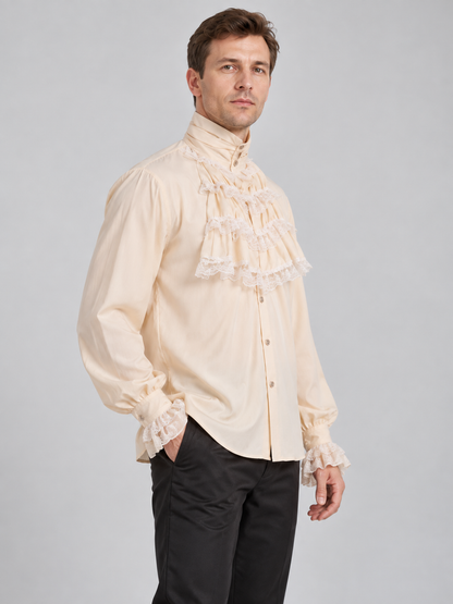 Light beige shirt with a high collar, jabot and ruffles