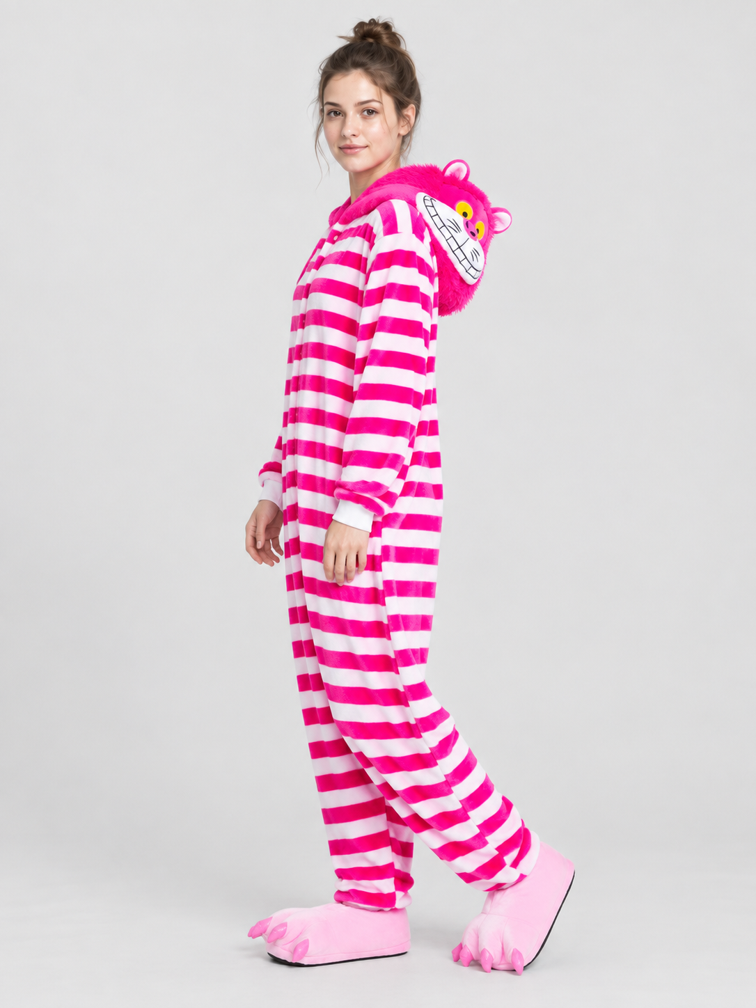 Bright pink hooded pajama jumpsuit with ears