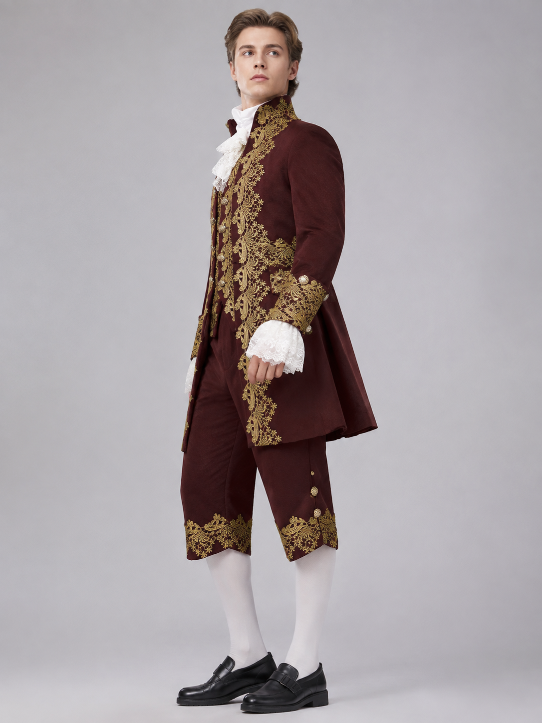 Burgundy Cosplay Costume with Gold-Tone Floral Embroidery side view