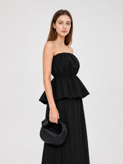 Black bandeau dress with a ruched bodice