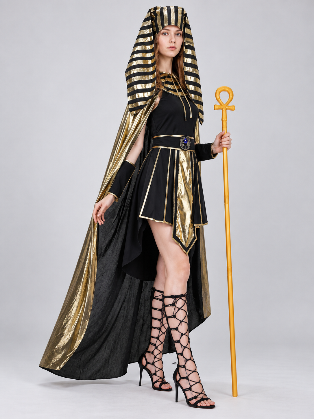 Egyptian Carnival Costume with Cape and Scepter side view