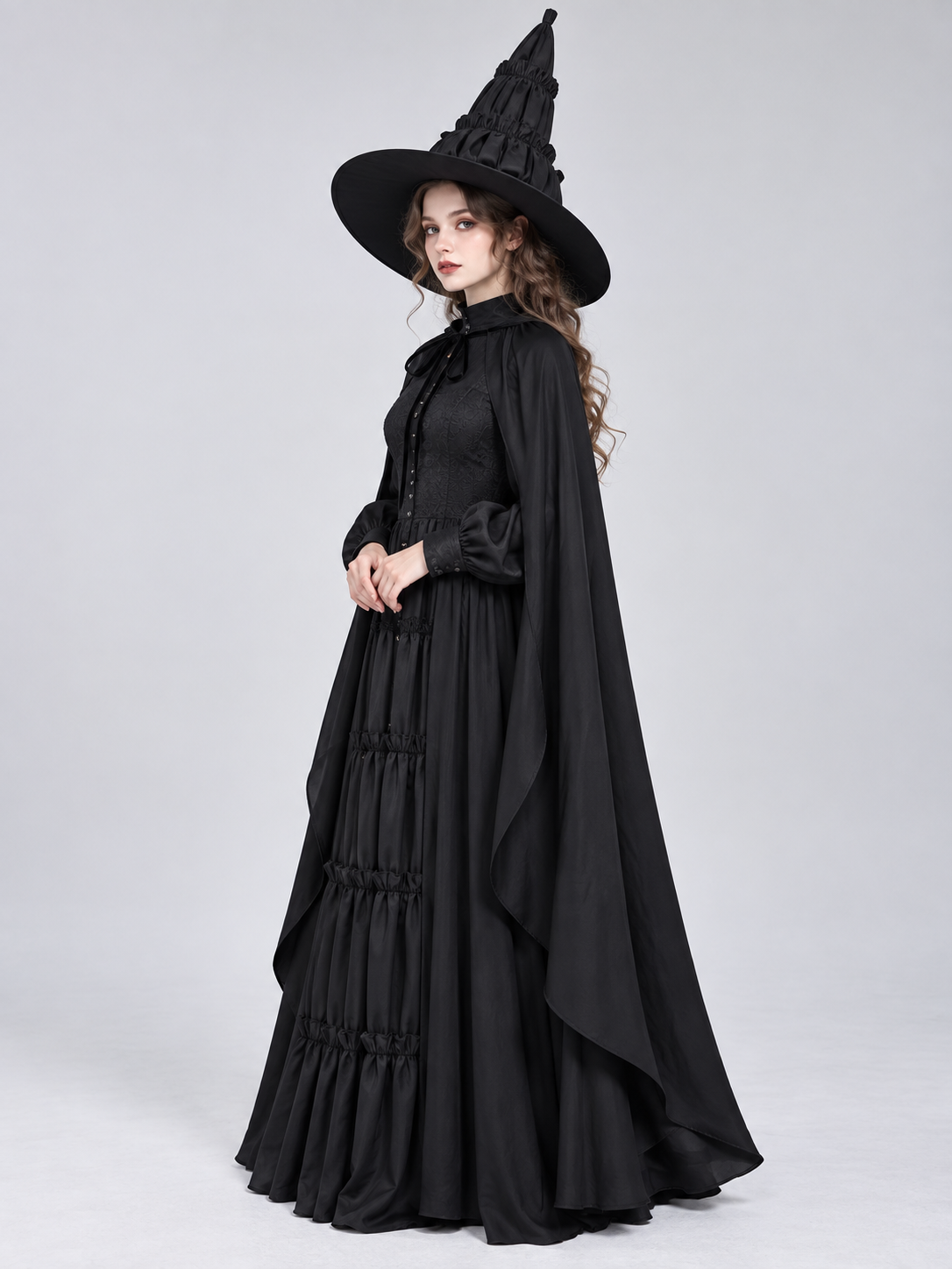Gothic Black Costume with Dress, Cape, and Hat