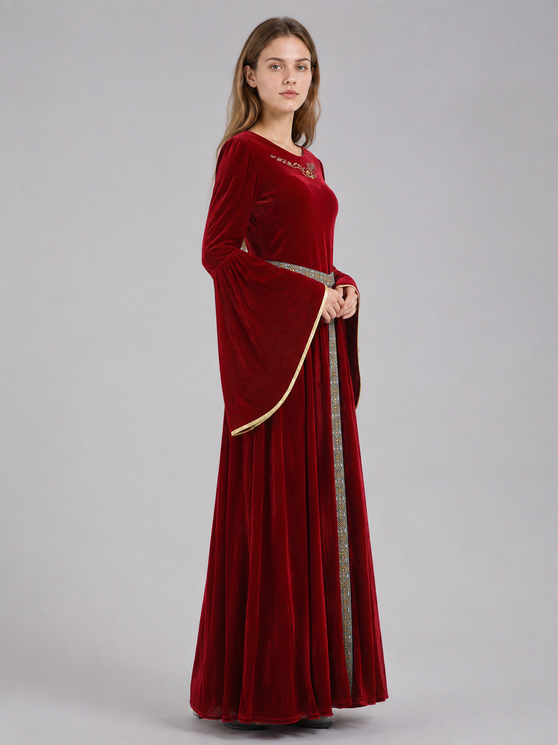 Burgundy Themed Dress with Flared Sleeves side view