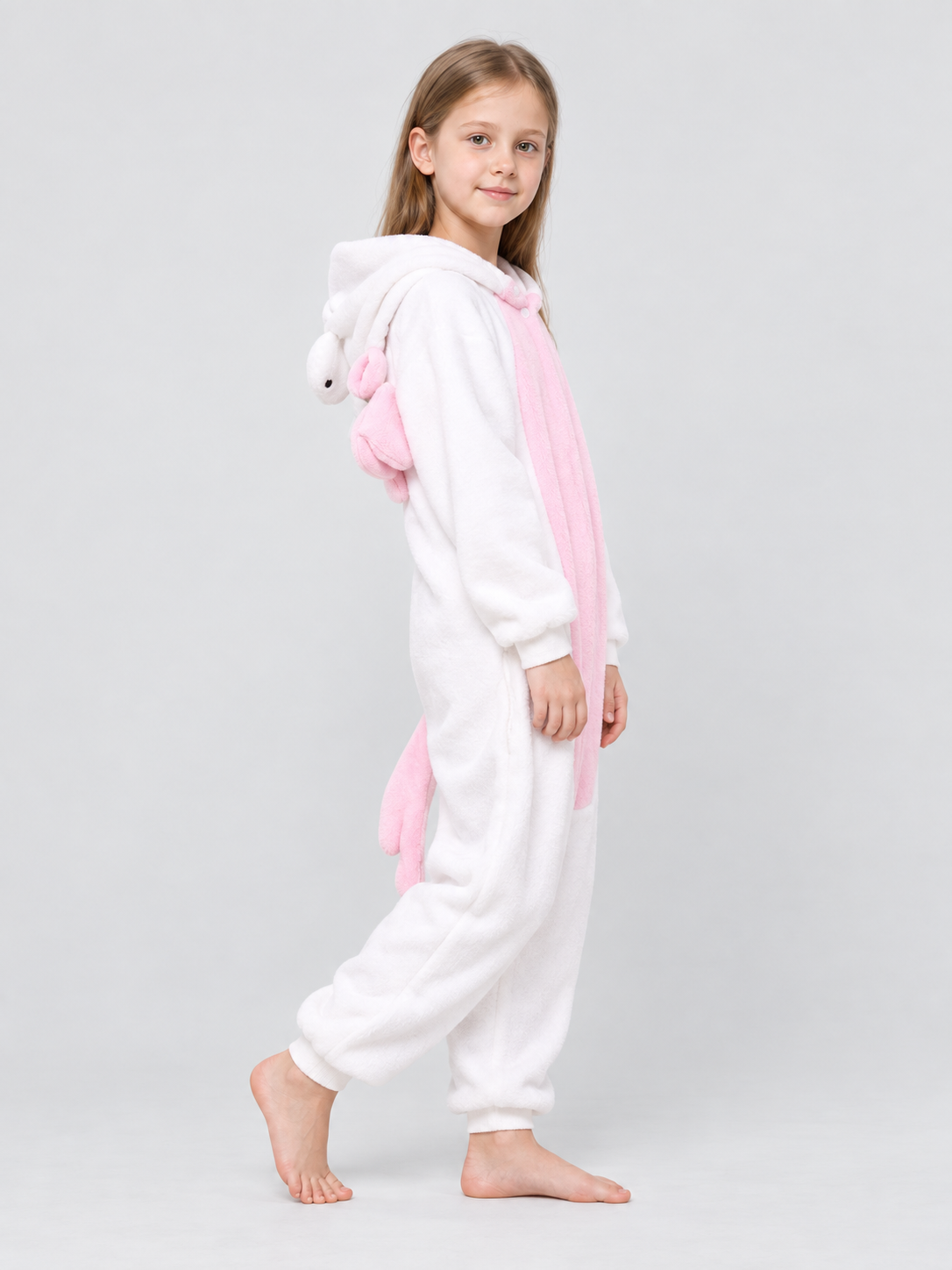White and Pink Kids' Hooded Pajama Jumpsuit